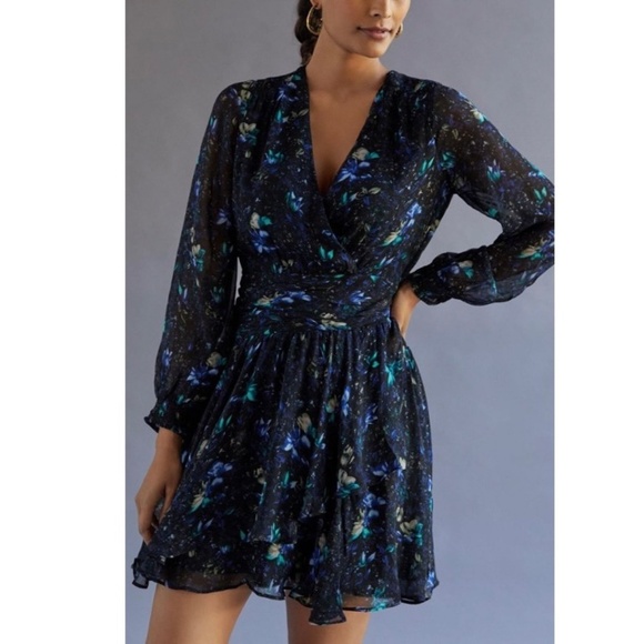 Anthropologie Ruched Mini Floral Dress - Blue Motif - Full Lined - Medium - Picture 1 of 10